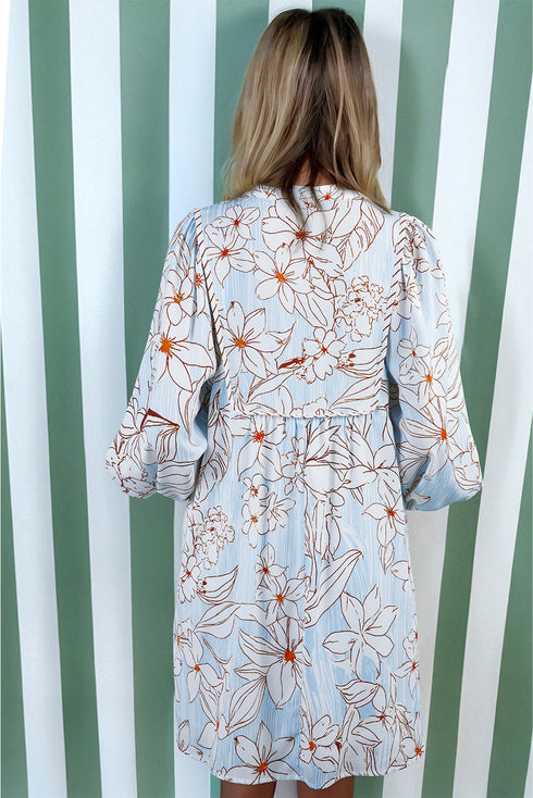 Pinstripe Floral Outline Ruffled Split Neck Long Sleeve Mini Dress